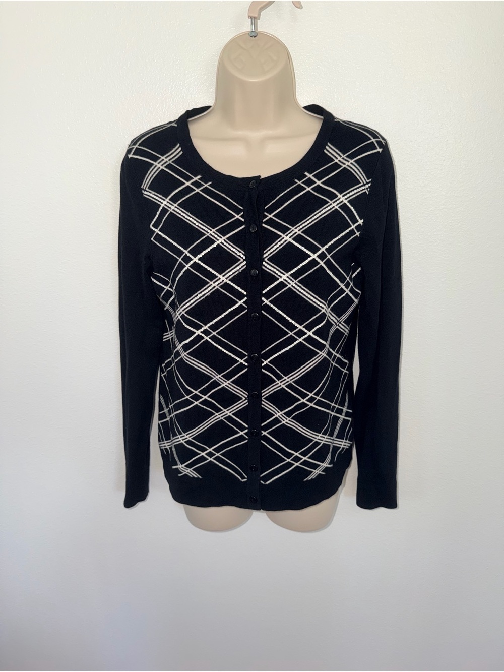 Charter Club Black Cardigan with White Windowpane Trim
